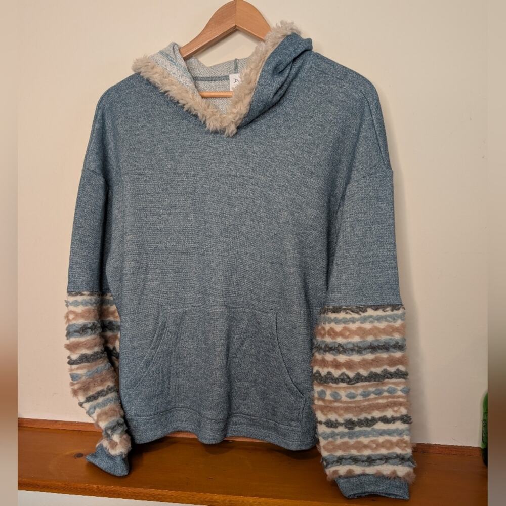 Amadi Anthropologie Hoodie Blue Faux Fur Trim Size L